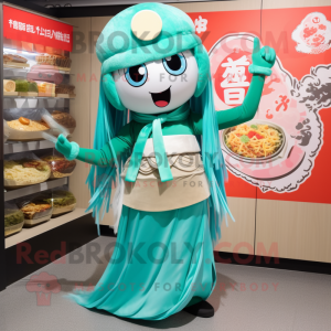 Teal Ramen mascot costume character dressed with a Circle Skirt and Shoe laces