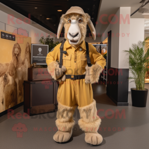 Tan Boer Goat mascot costume character dressed with a Jumpsuit and Clutch bags