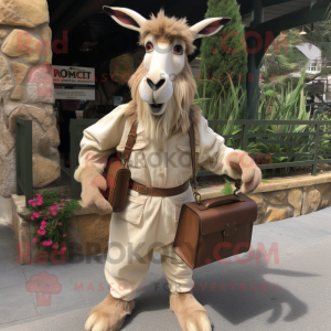 Tan Boer Goat mascot costume character dressed with a Jumpsuit and Clutch bags