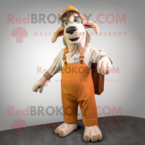 Tan Boer Goat mascot costume character dressed with a Jumpsuit and Clutch bags