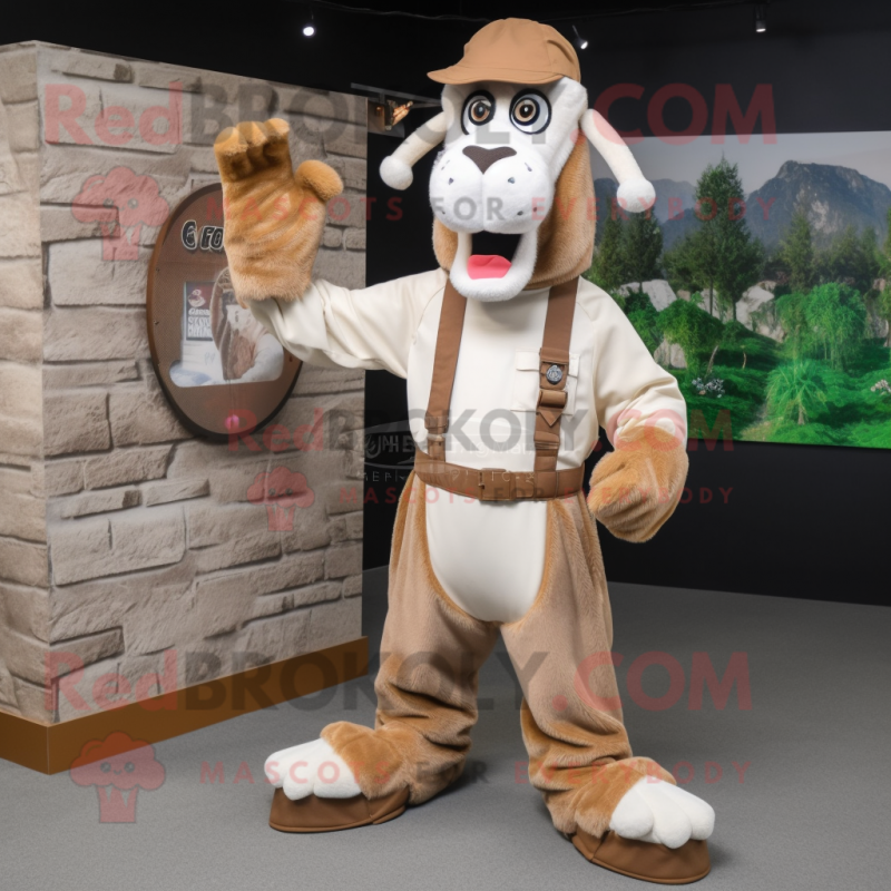 Tan Boer Goat mascot costume character dressed with a Jumpsuit and Clutch bags Tan Boer Goat mascot costume character dressed with a Jumpsuit and Clutch bags