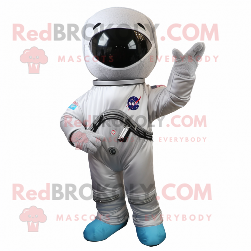 Silver Astronaut mascot costume character dressed with a Henley Shirt and Scarf clips