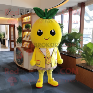 Lemon Yellow Strawberry mascot costume character dressed with a Suit Jacket and Coin purses