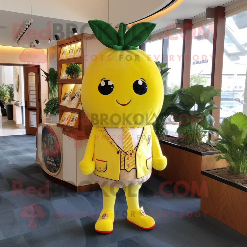 Lemon Yellow Strawberry mascot costume character dressed with a Suit Jacket and Coin purses Lemon Yellow Strawberry mascot costume character dressed with a Suit Jacket and Coin purses