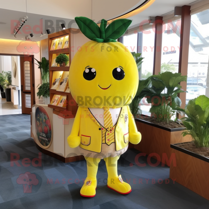 Lemon Yellow Strawberry mascot costume character dressed with a Suit Jacket and Coin purses