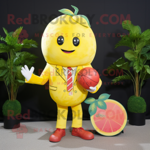 Lemon Yellow Strawberry mascot costume character dressed with a Suit Jacket and Coin purses