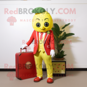 Lemon Yellow Strawberry mascot costume character dressed with a Suit Jacket and Coin purses