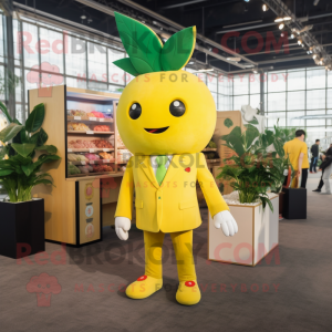 Lemon Yellow Strawberry mascot costume character dressed with a Suit Jacket and Coin purses
