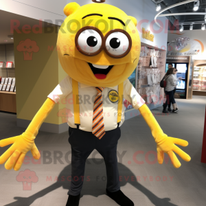Yellow Spider mascot costume character dressed with a Button-Up Shirt and Tie pins