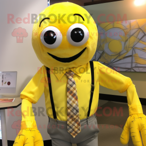 Yellow Spider mascot costume character dressed with a Button-Up Shirt and Tie pins