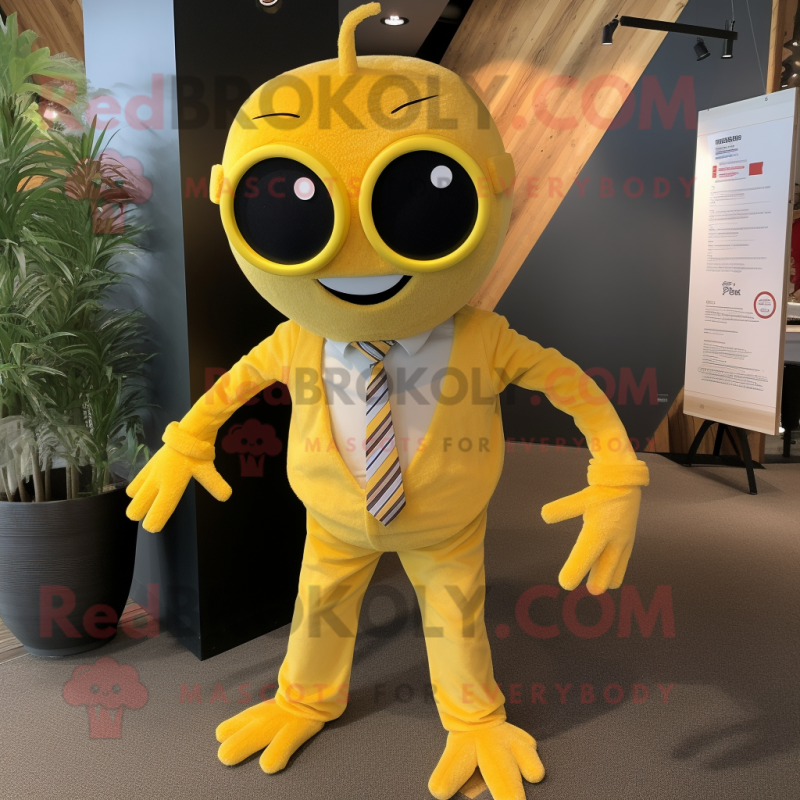 Yellow Spider mascot costume character dressed with a Button-Up Shirt and Tie pins