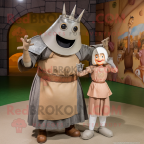 Tan Medieval Knight mascot costume character dressed with a Maxi Skirt and Hairpins