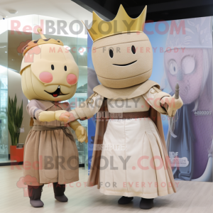 Tan Medieval Knight mascot costume character dressed with a Maxi Skirt and Hairpins