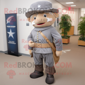 Gray Civil War Soldier mascot costume character dressed with a Overalls and Shawl pins