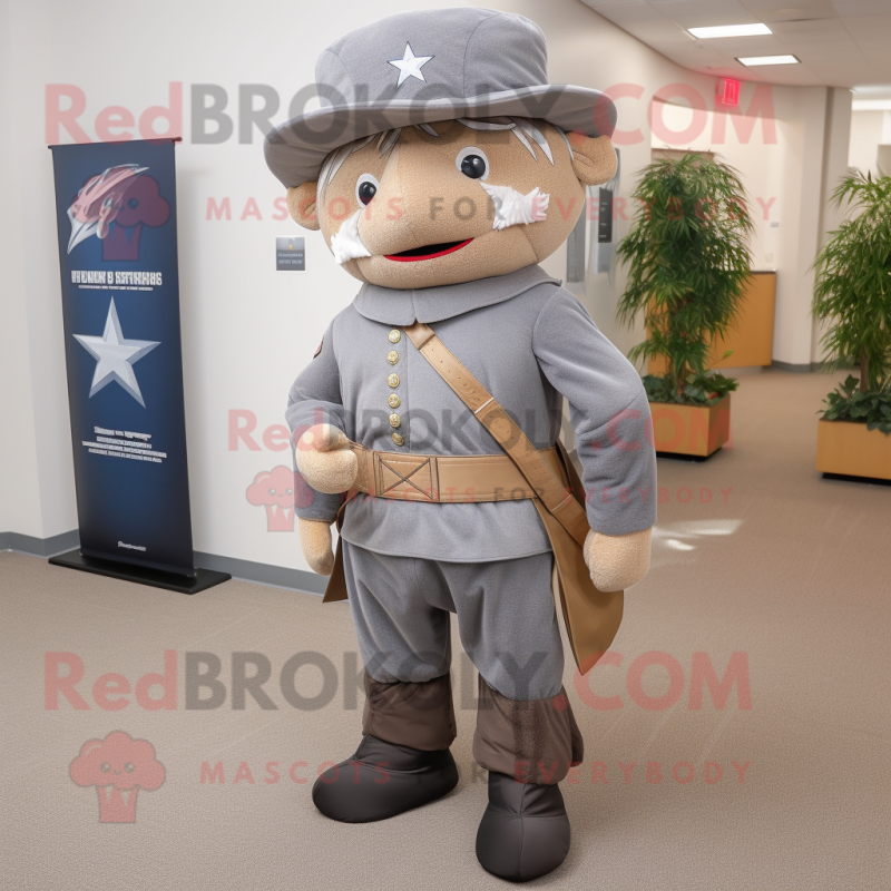 Gray Civil War Soldier mascot costume character dressed with a Overalls and Shawl pins