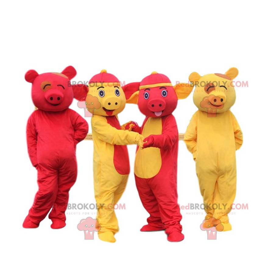 4 gelbe und rote Schweinemaskottchen. 4 bunte asiatische