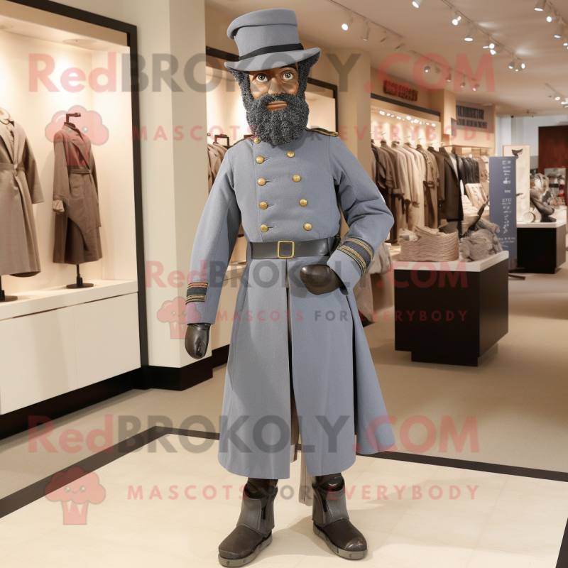 Gray Civil War Soldier mascot costume character dressed with a Overalls and Shawl pins Gray Civil War Soldier mascot costume character dressed with a Overalls and Shawl pins