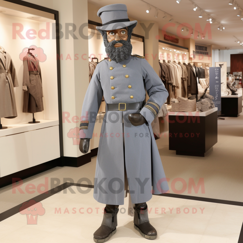 Gray Civil War Soldier mascot costume character dressed with a Overalls and Shawl pins