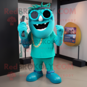 Turquoise Phone mascot costume character dressed with a Trousers and Sunglasses
