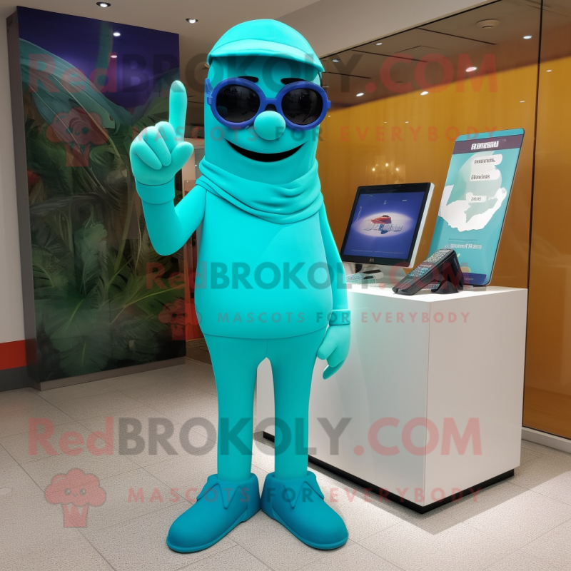 Turquoise Phone mascot costume character dressed with a Trousers and Sunglasses Turquoise Phone mascot costume character dressed with a Trousers and Sunglasses