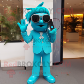 Turquoise Phone mascot costume character dressed with a Trousers and Sunglasses