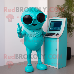 Turquoise Phone mascot costume character dressed with a Trousers and Sunglasses