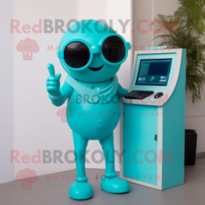 Turquoise Phone mascot costume character dressed with a Trousers and Sunglasses