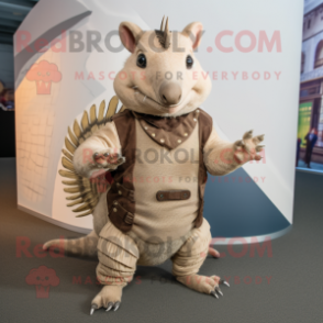 Beige Armadillo mascot costume character dressed with a Vest and Bracelets