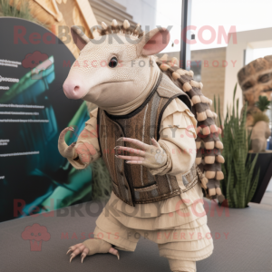 Beige Armadillo mascot costume character dressed with a Vest and Bracelets