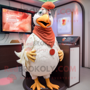 Peach Rooster mascot costume character dressed with a Turtleneck and Shawl pins