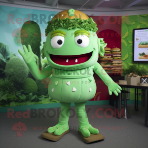 Green Burgers mascot costume character dressed with a Culottes and Lapel pins