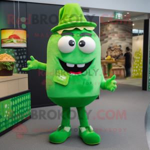 Green Burgers mascot costume character dressed with a Culottes and Lapel pins