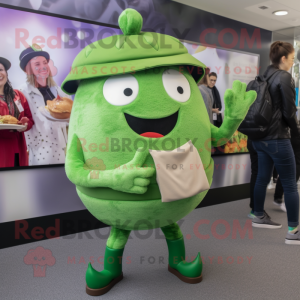 Green Burgers mascot costume character dressed with a Culottes and Lapel pins