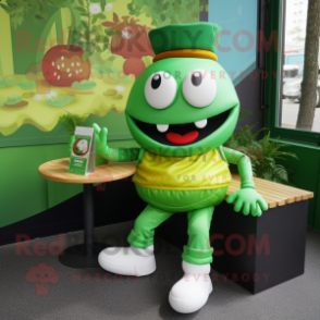 Green Burgers mascot costume character dressed with a Culottes and Lapel pins