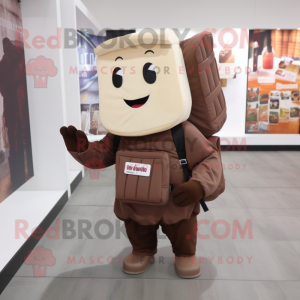 Beige Chocolate Bars mascot costume character dressed with a Sweatshirt and Backpacks