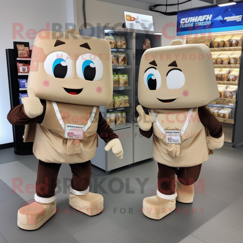 Beige Chocolate Bars mascot costume character dressed with a Sweatshirt and Backpacks