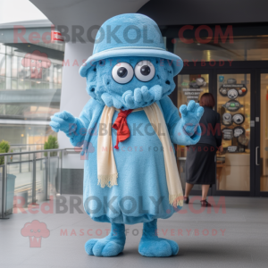 Sky Blue Fried Calamari mascot costume character dressed with a Cardigan and Berets