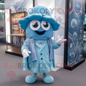 Sky Blue Fried Calamari mascot costume character dressed with a Cardigan and Berets