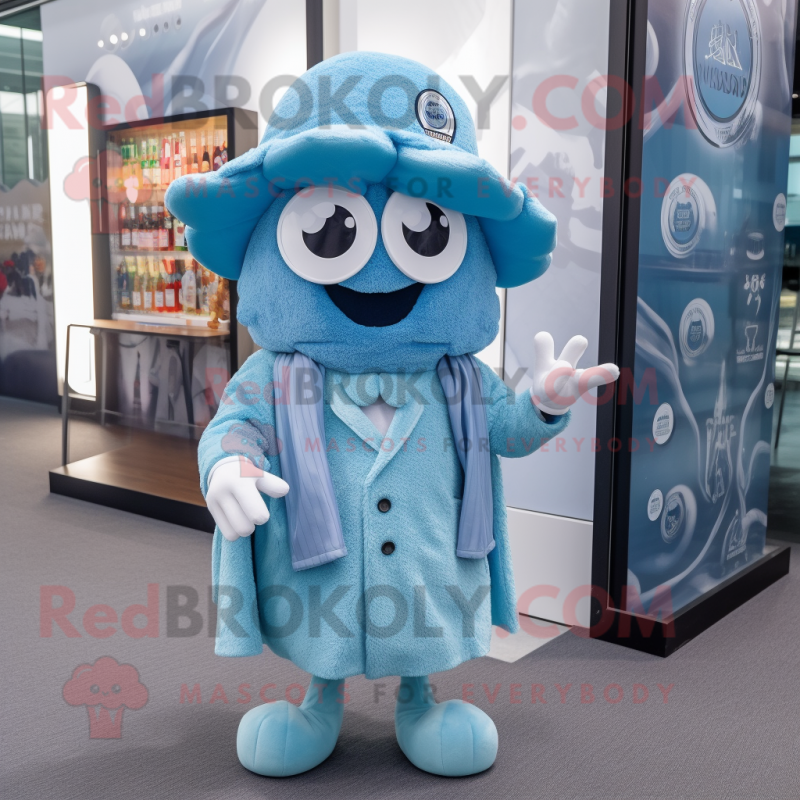 Sky Blue Fried Calamari mascot costume character dressed with a Cardigan and Berets Sky Blue Fried Calamari mascot costume character dressed with a Cardigan and Berets