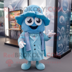 Sky Blue Fried Calamari mascot costume character dressed with a Cardigan and Berets