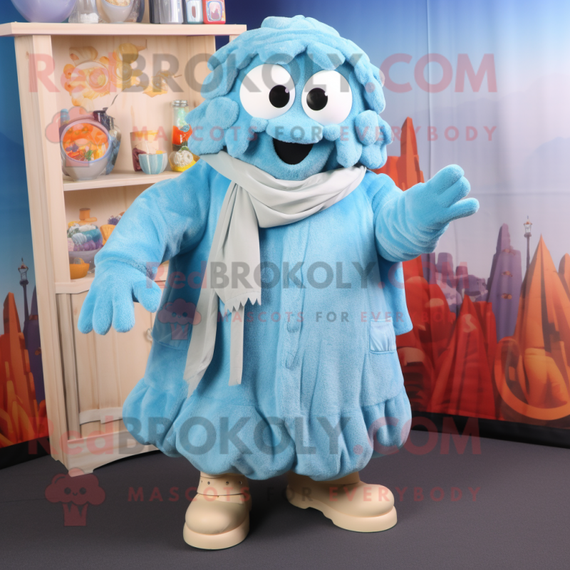 Sky Blue Fried Calamari mascot costume character dressed with a Cardigan and Berets