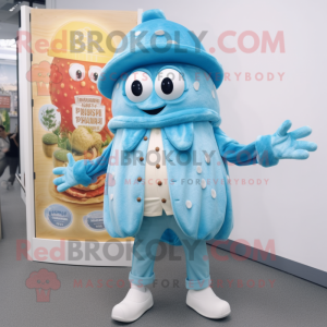 Sky Blue Fried Calamari mascot costume character dressed with a Cardigan and Berets