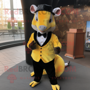 Yellow Armadillo mascot costume character dressed with a Tuxedo and Mittens