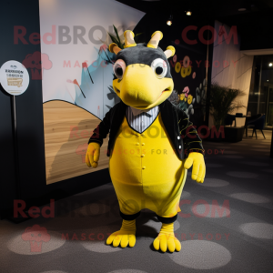 Yellow Armadillo mascot costume character dressed with a Tuxedo and Mittens