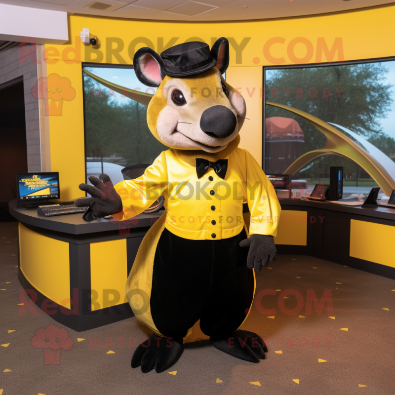 Yellow Armadillo mascot costume character dressed with a Tuxedo and Mittens