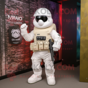 White Para Commando mascot costume character dressed with a Romper and Clutch bags