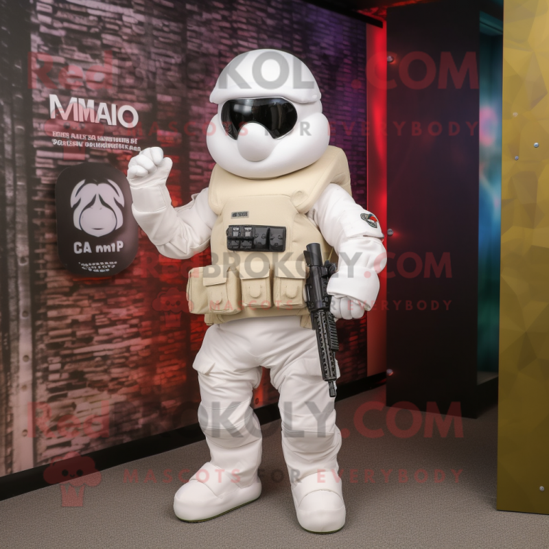 White Para Commando mascot costume character dressed with a Romper and Clutch bags