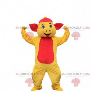 Maiale costume mascotte maiale giallo e rosso. Costume da