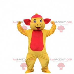 Porco mascote traje de porco amarelo e vermelho. Fantasia de