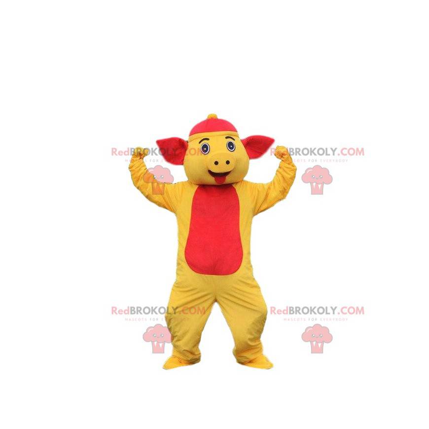 Gris maskotdrakt gul og rød gris. Grisekostyme - Redbrokoly.com